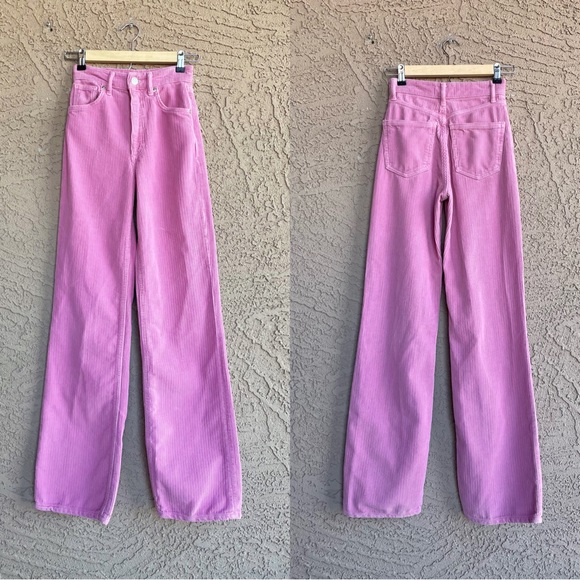 ZARA Bubblegum Pink Wide Leg High-Rise High Waisted Corduroy Pants Sz 0 Fit 00 - Picture 5 of 15